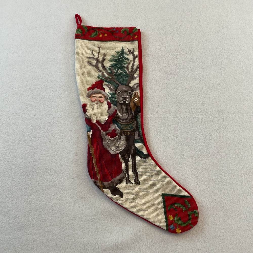 Vintage Needlepoint Christmas Stocking Santa Reindeer Red Velvet Back